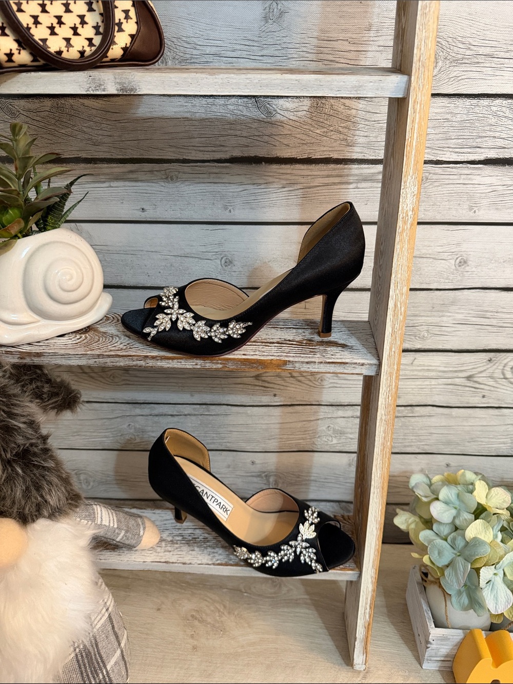 Embellished Black Satin Heels